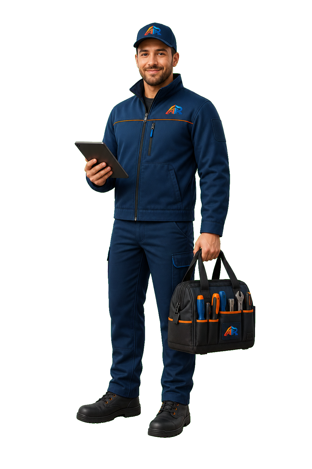 Full-body AR Air technician holding a tablet and branded tool bag