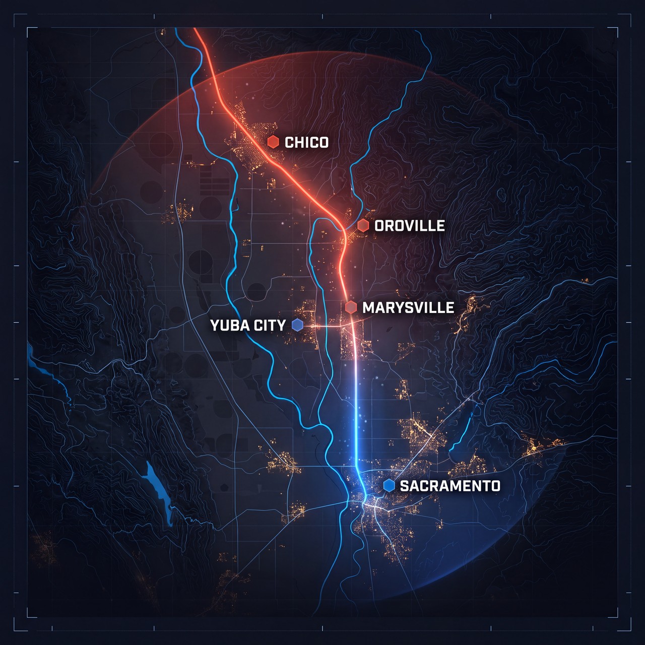 Dark AR AIR service area map from Sacramento through Yuba City, Marysville, Oroville, and Chico.
